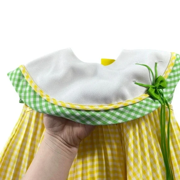 Youngsport Vintage Girls 3T Yellow Gingham Pleated Dress Oversized Bib Collar - Picture 3 of 9
